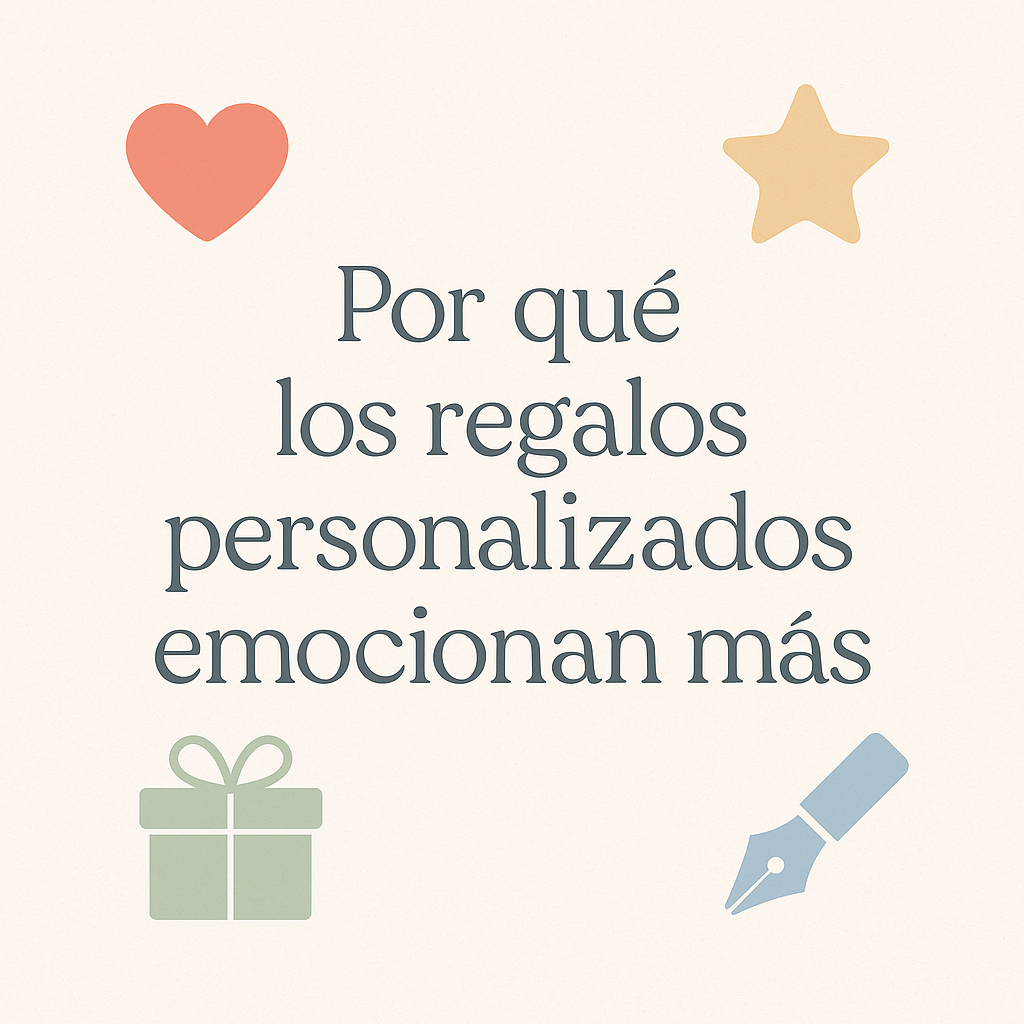 Diseño con la frase 'Por qué los regalos personalizados emocionan más' acompañado de íconos pastel: corazón, estrella, regalo y pluma sobre fondo beige.
