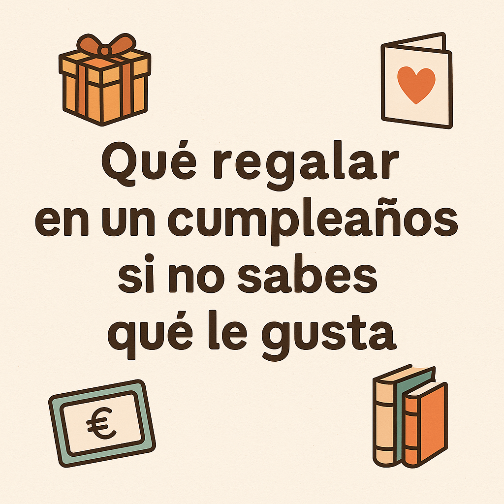 Ilustración con el texto 'Qué regalar en un cumpleaños si no sabes qué le gusta' acompañado de íconos de caja de regalo, tarjeta, vale y libros.