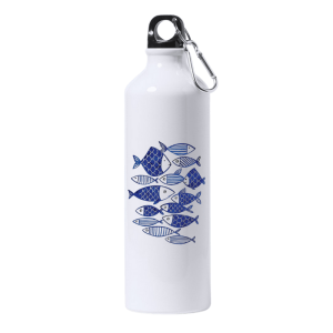 Bidón peces azul marinero con ilustración de cardumen en azul sobre fondo blanco.