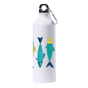 Bidón con peces ilustrados en colores vivos sobre fondo blanco estilo marinero.