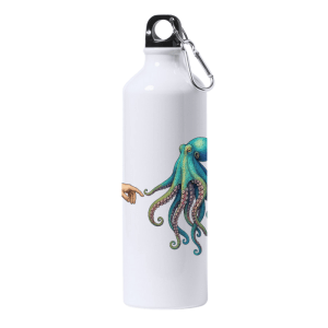 Ilustración de pulpo y mano humana tocándose en bidón de agua con diseño marinero.