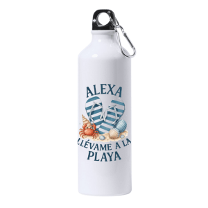 Bidón blanco con ilustración de chanclas, conchas y frase “Alexa llévame a la playa”.