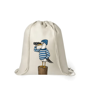 Mochila de yute con gaviota marinera mirando con prismáticos