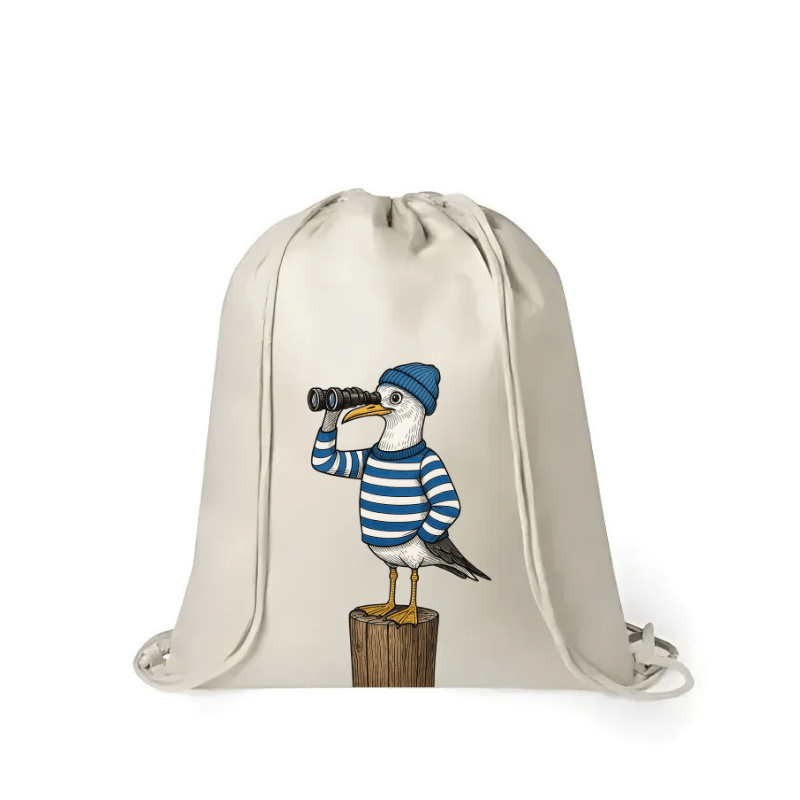 Mochila de yute con gaviota marinera mirando con prismáticos