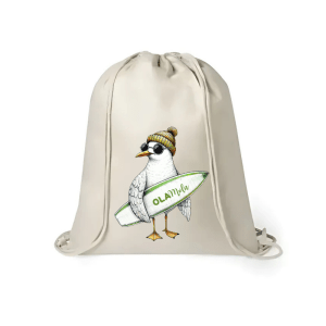 Mochila de yute con diseño Ola mola: gaviota surfer con tabla en estilo marinero