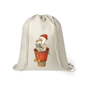 Mochila de yute con ilustración Amor de gaviota: gaviota abrazando a un pez