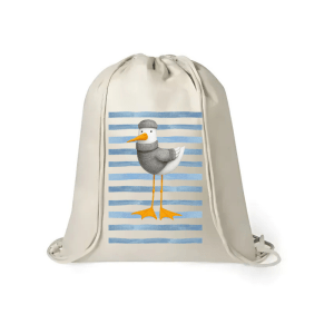 Mochila de yute con diseño marinero “Sea Sal Sun” de gaviota con gorro y fondo de rayas