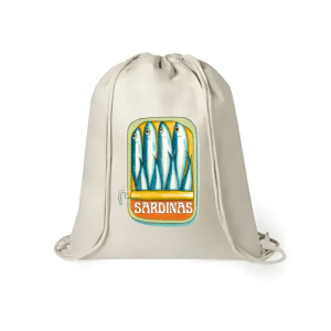 Mochila de yute diseño marinero con lata de sardinas ilustrada y texto “Sardiñada”