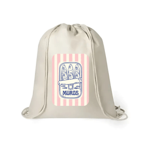 Mochila de yute con diseño marinero “Muros” y lata de sardinas ilustrada con rayas rosas