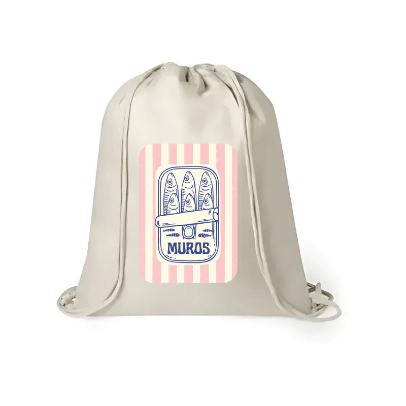 Mochila de yute con diseño marinero “Muros” y lata de sardinas ilustrada con rayas rosas
