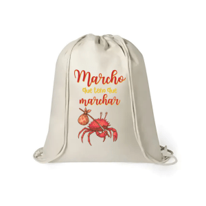 Mochila de yute con diseño de cangrejo rojo y la frase Marcho que teño que marchar