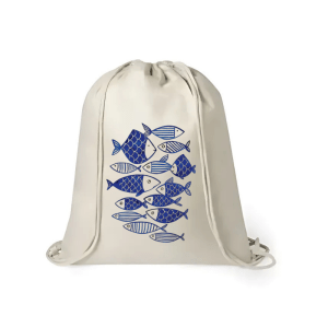 Mochila de yute con ilustración de cardumen de peces azules sobre fondo natural