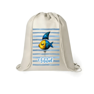 Mochila de yute con pez amarillo y azul con gorro de tiburón y fondo de rayas, texto actitud.