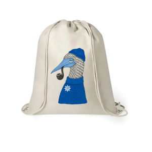 Mochila de yute con ilustración de gaviota marinera con gorro azul, pipa y jersey.