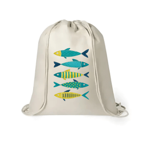 Mochila de yute con cinco peces ilustrados en tonos vivos, diseño marinero colorido.