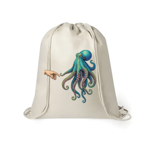Mochila de yute con ilustración de pulpo y mano, estilo colección marinera
