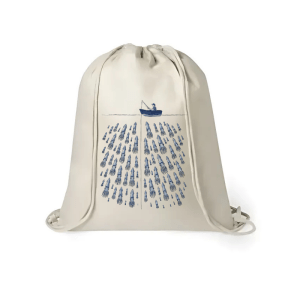 Mochila de yute con diseño de calamares y pescador gallego
