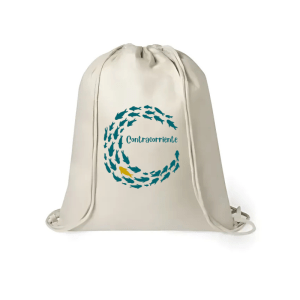 Mochila de yute Contracorriente con peces nadando en círculo y uno en sentido contrario