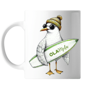 Taza con ilustración de gaviota surfera y tabla con frase "Ola Mola"