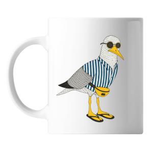 Taza con dibujo de gaviota moderna vestida con camisa de rayas, chanclas y riñonera amarilla. Diseño marinero modernuki.