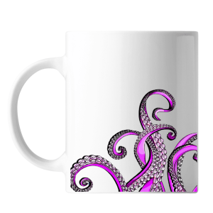 Taza con diseño de tentáculos fucsia ilustrados que emergen del borde inferior.