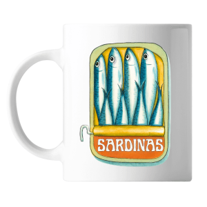Taza ilustrada con sardinas en lata sobre fondo blanco.