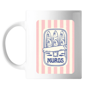 Taza con sardinas ilustradas y texto Muros sobre fondo rosa.