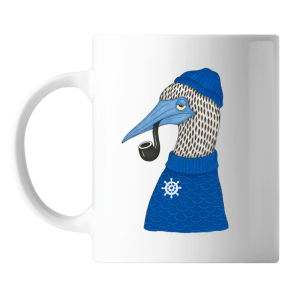 Taza con diseño de gaviota capitán vestida de marinero.