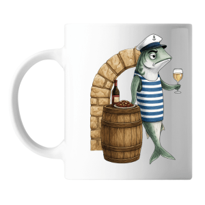 Taza con pez vestido de marinero tomando vino junto a una barrica.