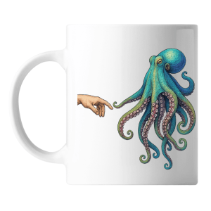 Taza con ilustración de pulpo tocando una mano, estilo marinero y artístico.