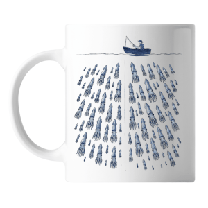 Taza con ilustración de calamares y pescador, diseño artístico en azul estilo Galicia.