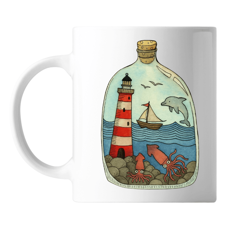 Taza ilustrada con faro rojo en botella de cristal, delfín, velero y calamares bajo el mar.
