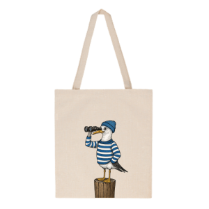 Tote Bag con gaviota marinera ilustrada con prismáticos y jersey de rayas.