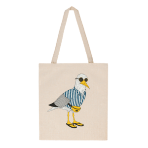 Tote bag con diseño marinero de gaviota moderna con gafas, chanclas y riñonera – Colección Marinera