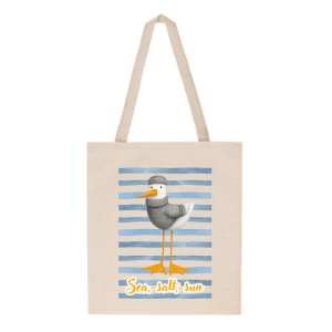 Tote bag con diseño marinero “Sea, salt, sun” – Ilustración de gaviota con rayas y frase costera