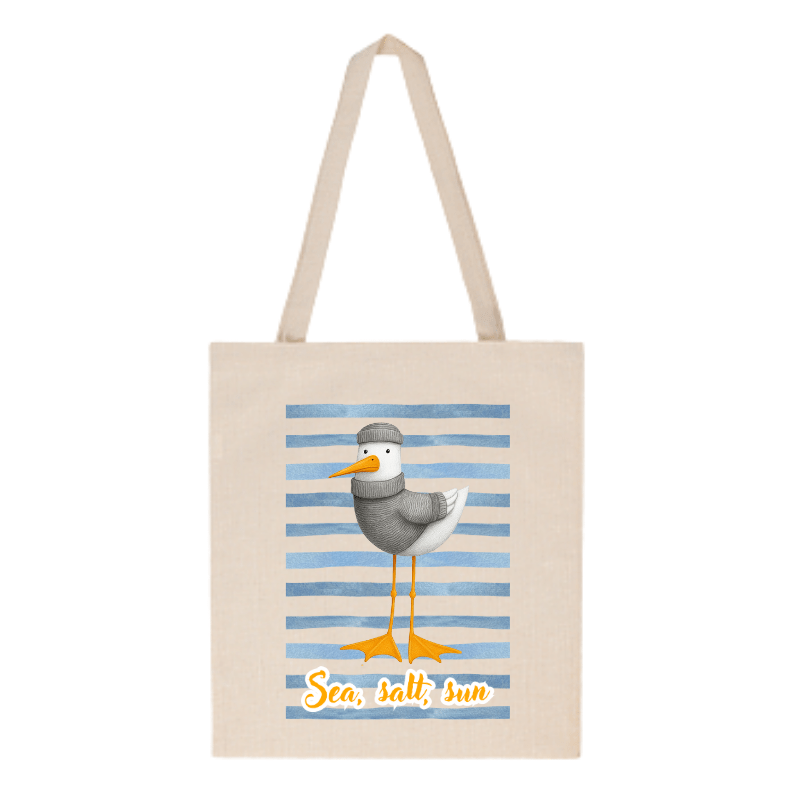 Tote bag con diseño marinero “Sea, salt, sun” – Ilustración de gaviota con rayas y frase costera