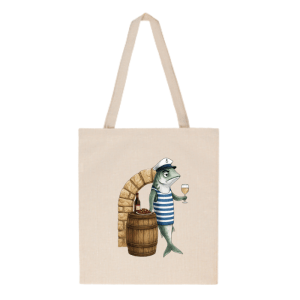 Tote bag Pez Vino con ilustración de pez capitán brindando junto a una barrica – Colección Marinera