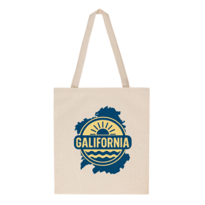 Tote bag Galifornia con diseño gráfico de sol, olas y contorno de Galicia – Colección Marinera