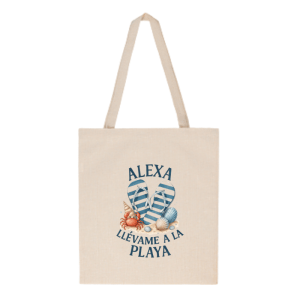 Tote bag con diseño de chanclas, conchas y mensaje “Alexa llévame a la playa” – Colección Marinera