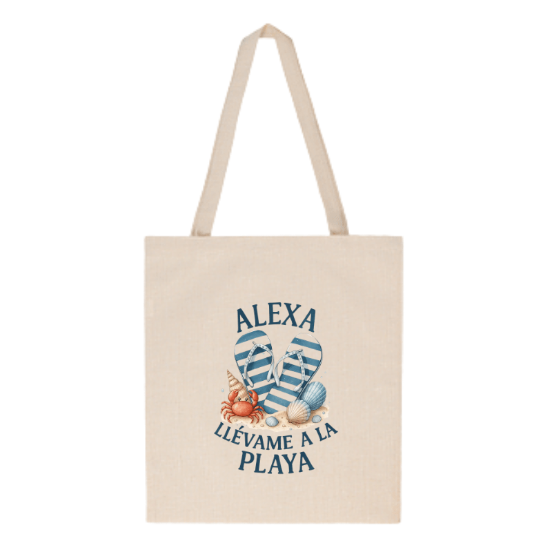 Tote bag con diseño de chanclas, conchas y mensaje “Alexa llévame a la playa” – Colección Marinera