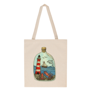 Tote bag con diseño de faro, delfín, velero y calamares dentro de una botella ilustrada – Colección Marinera