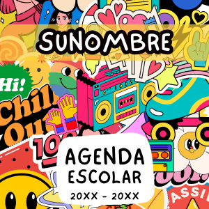 Portada de agenda escolar estilo pop art con stickers y colores vivos
