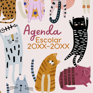 Portada de agenda escolar con ilustraciones de gatos divertidos de colores