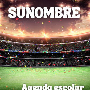 Portada de agenda escolar con estadio de fútbol iluminado y confeti