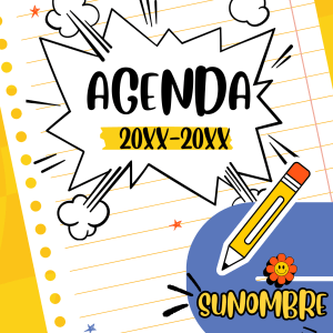 Portada de agenda escolar estilo cómic con lápiz y diseño colorido