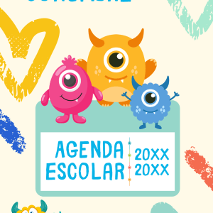 Portada de agenda escolar con ilustraciones de monstruos divertidos y coloridos