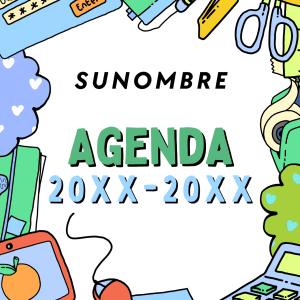 Portada de agenda escolar con ilustraciones de material escolar colorido