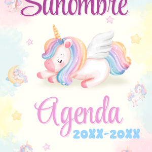 Portada de agenda escolar con unicornio mágico de crin arcoíris y alas