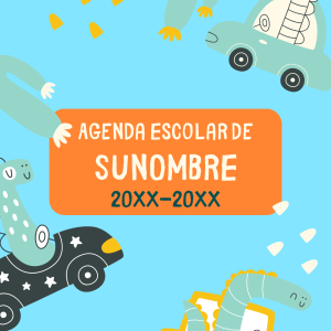Portada de agenda escolar con dinosaurios simpáticos conduciendo coches de colores