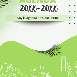 Portada de agenda escolar verde con ilustraciones de material escolar en blanco